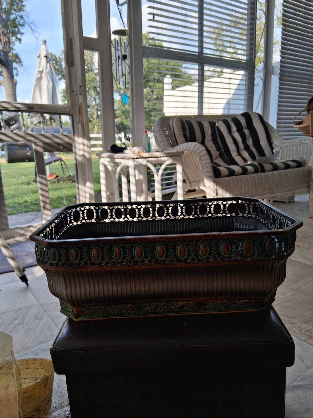 Decorative Metal Planter Tray in Brown with Green Accents